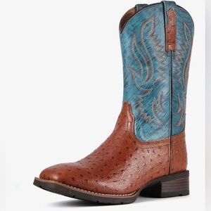 Sureway Men's Gallup Brandy Western Square Toe Ostrich Leather Boots Size 11 New